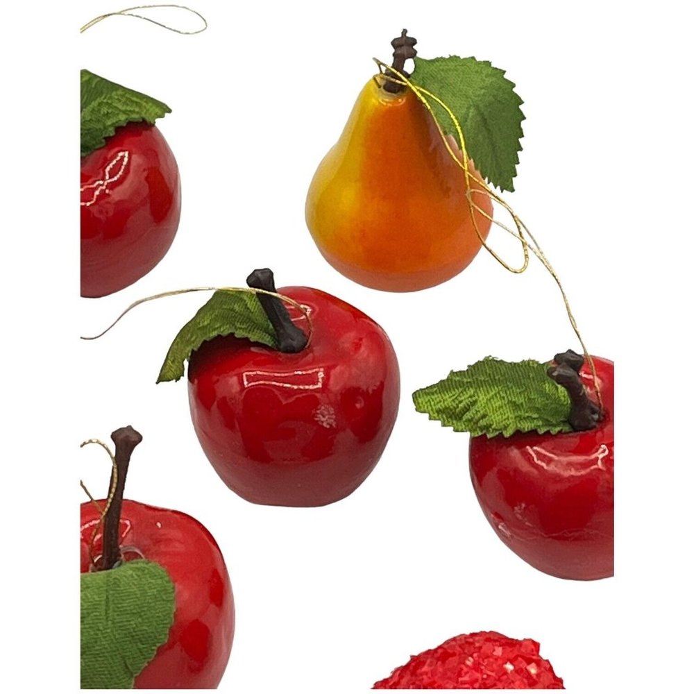 12 Christmas Ornaments Shiny Apples & Pears Glitter Strawberries Green Leaf - Picture 4 of 11